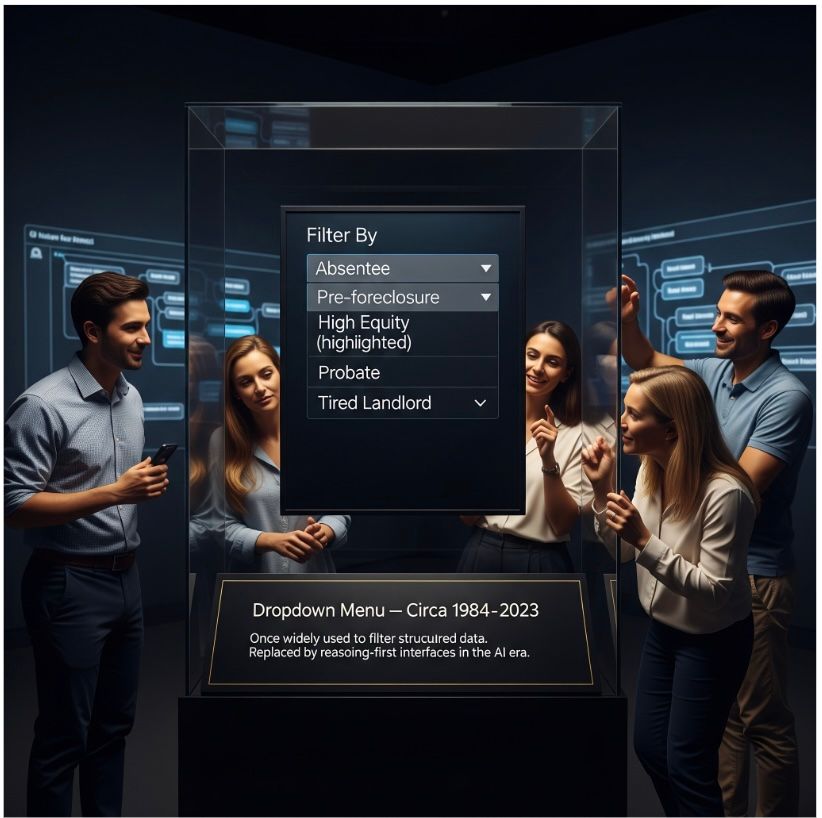 Dropdown menu displayed as a museum artifact, illustrating the evolution of software interfaces in the AI era