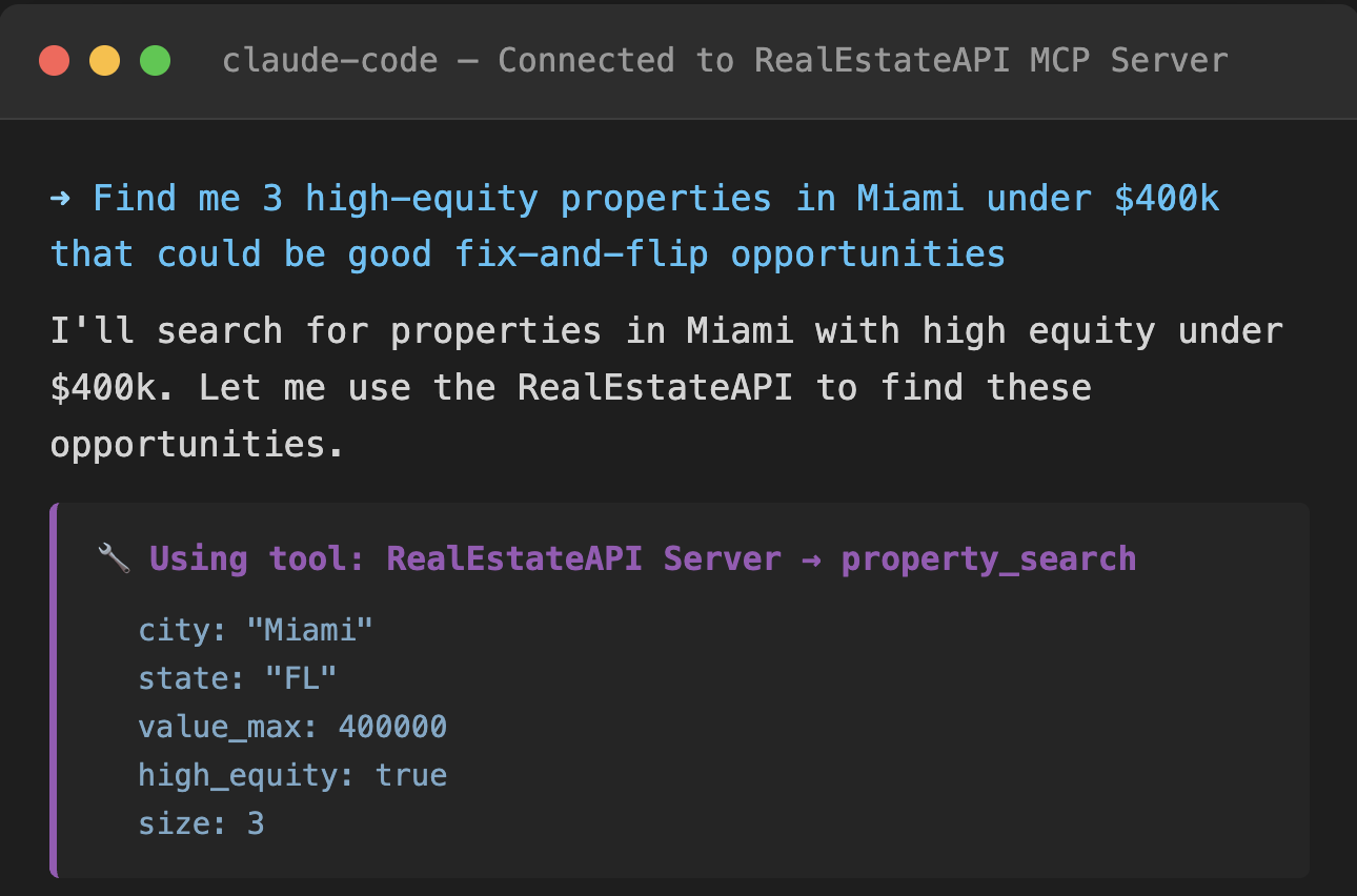 Claude Code calling RealEstateAPI via MCP Server
