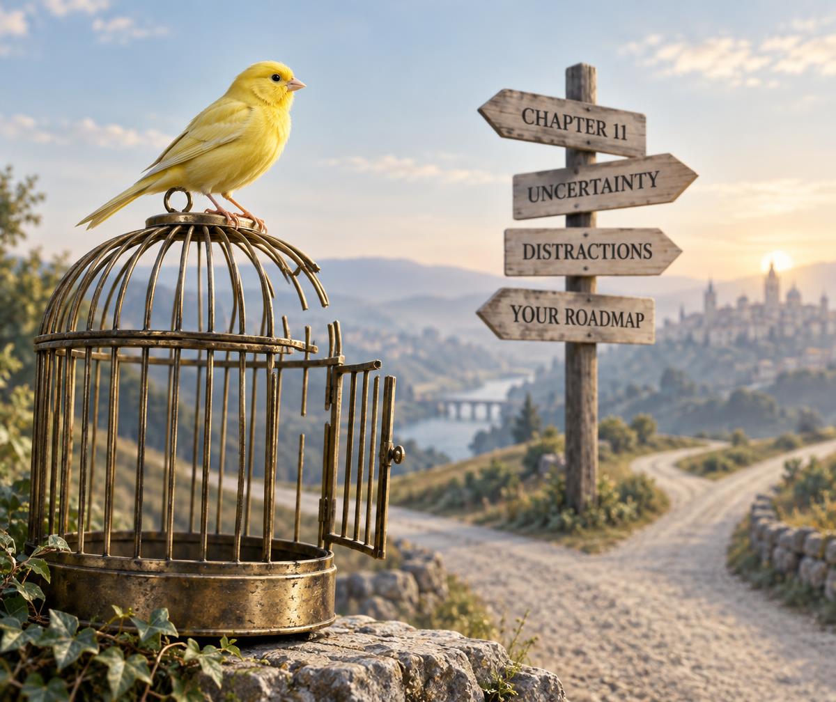 A yellow canary perched on an open birdcage near a signpost pointing to Chapter 11, Uncertainty, Distractions, and Your Roadmap