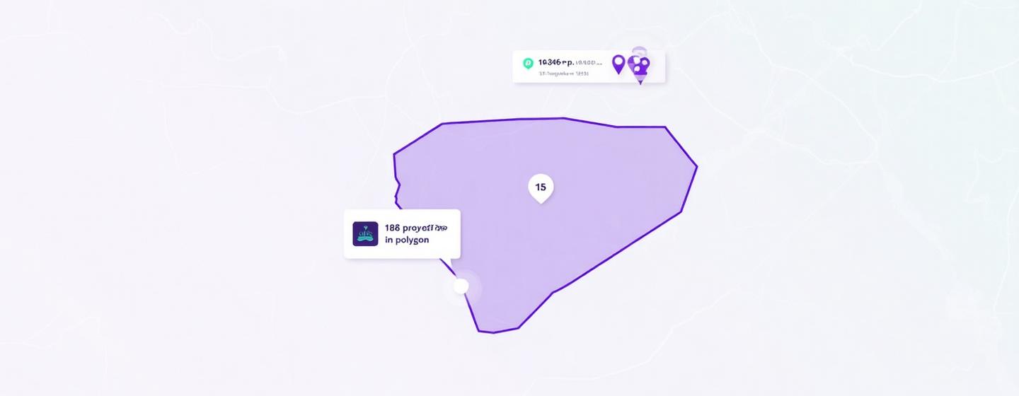 Map showing polygon selection with filtered property pins and clusters